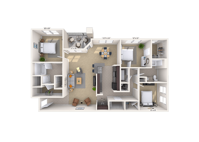 Floor plan for 3 beds, 2 baths, 1649 sqft