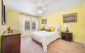 Jacksonville apartment for rent - a bedroom with yellow walls and a white bed