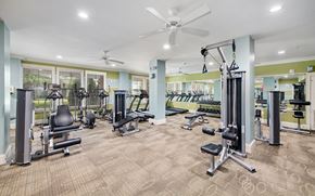 Jacksonville apartment for rent - a gym with cardio equipment and weights in a building with green walls