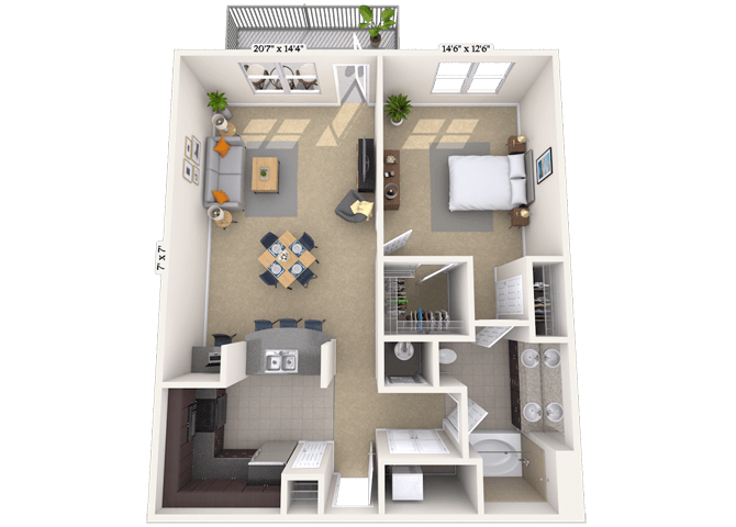 Floor plan for 1 bed, 1 bath, 826 sqft