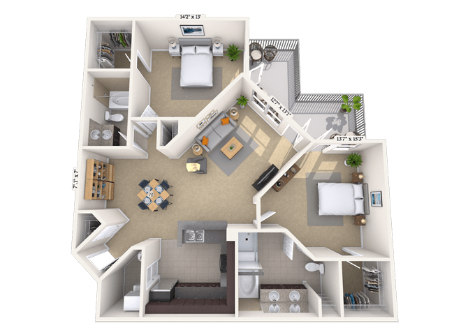 Floor plan for 2 beds, 2 baths, 1285 sqft