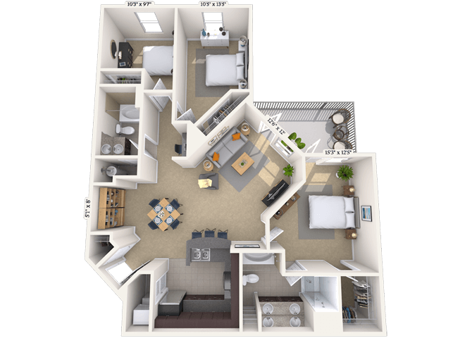 Floor plan for 3 beds, 2 baths, 1363 sqft