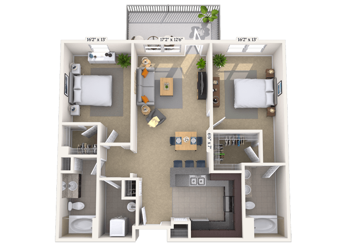 Floor plan for 2 beds, 2 baths, 1164 sqft