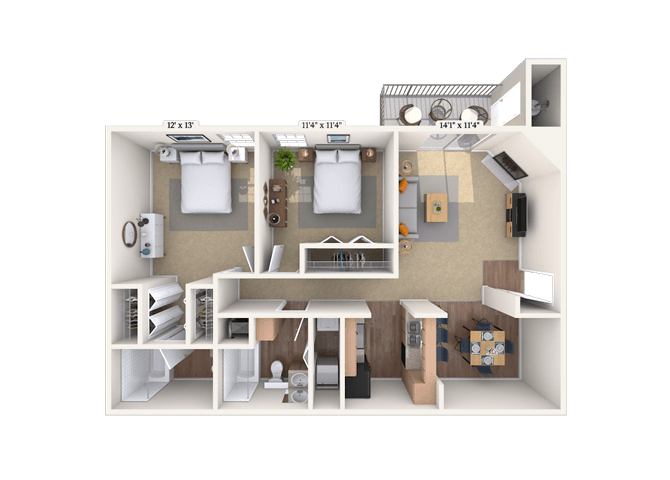 Floor plan for 2 beds, 2 baths, 1045 sqft