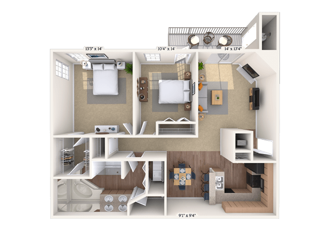 Floor plan for 2 beds, 1 bath, 1141 sqft