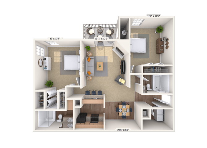 Floor plan for 2 beds, 2 baths, 1088 sqft