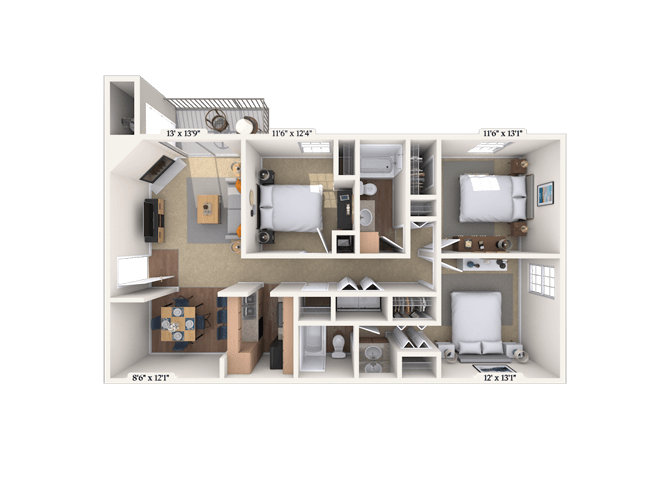 Floor plan for 3 beds, 2 baths, 1317 sqft
