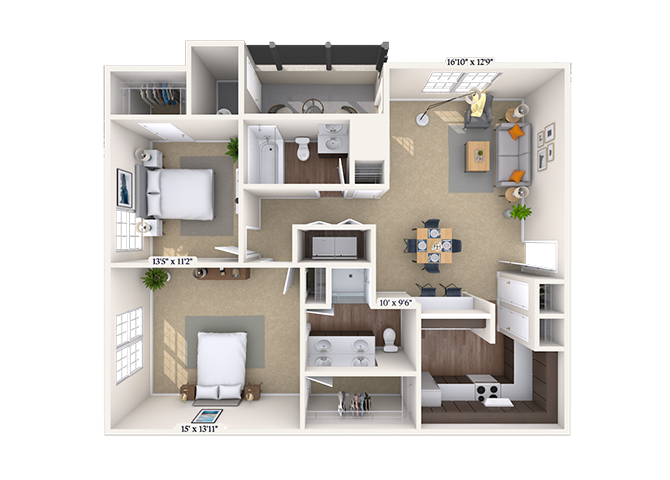 Floor plan for 2 beds, 2 baths, 1051 sqft