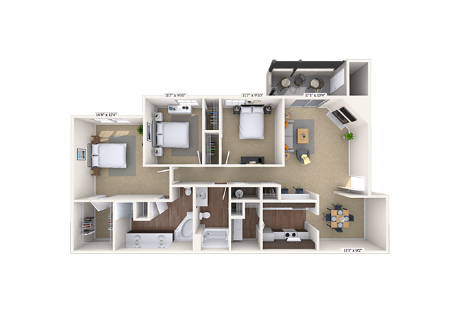 Floor plan for 3 beds, 2 baths, 1405 sqft
