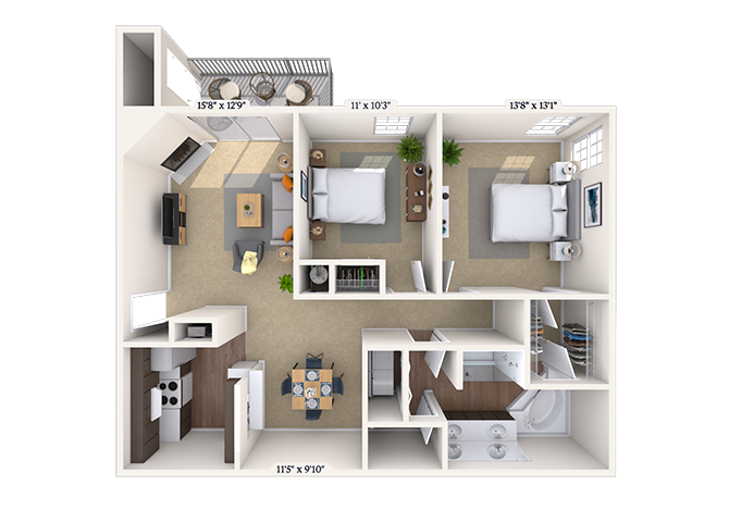Floor plan for 2 beds, 1 bath, 1110 sqft
