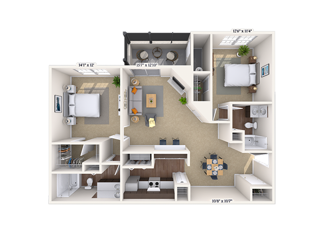 Floor plan for 2 beds, 2 baths, 1161 sqft