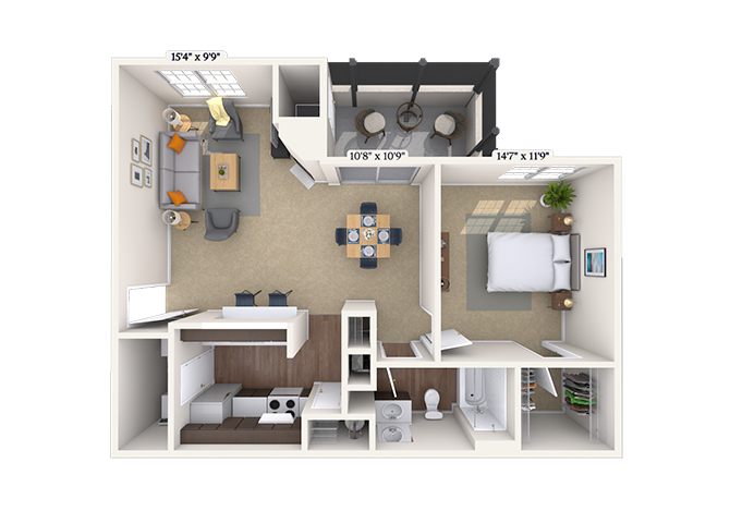Floor plan for 1 bed, 1 bath, 809 sqft