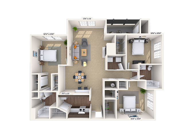 Floor plan for 3 beds, 2 baths, 1378 sqft