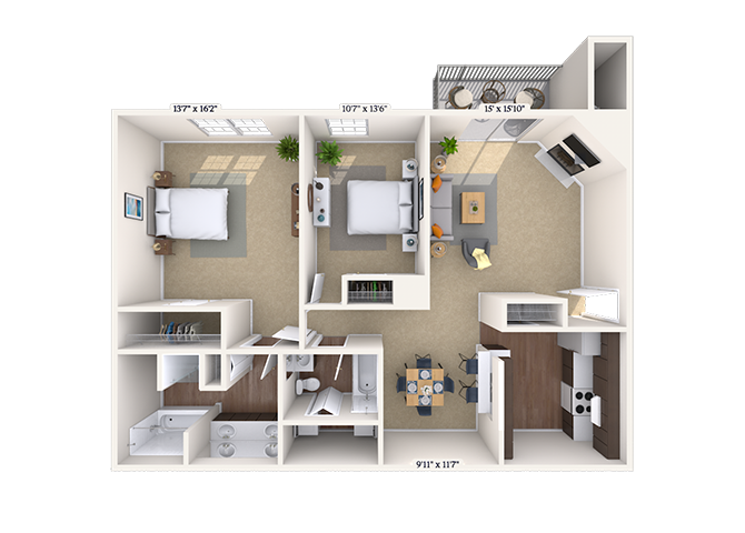 Floor plan for 2 beds, 2 baths, 1258 sqft