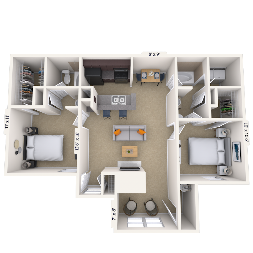 Floor plan for 2 beds, 2 baths, 1052 sqft