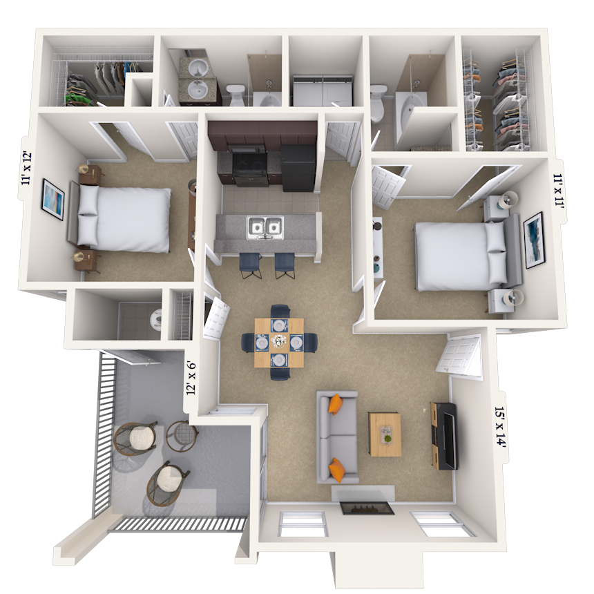 Floor plan for 2 beds, 2 baths, 1162 sqft