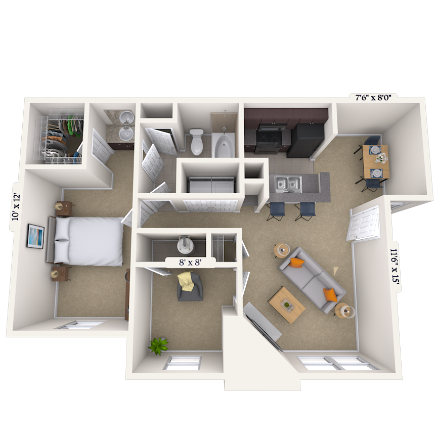 Floor plan for 1 bed, 1 bath, 814 sqft
