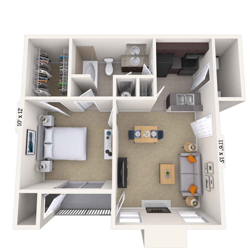 Floor plan for 1 bed, 1 bath, 625 sqft