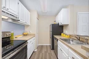 Jacksonville apartment for rent - a kitchen with stainless steel appliances and white cabinets
