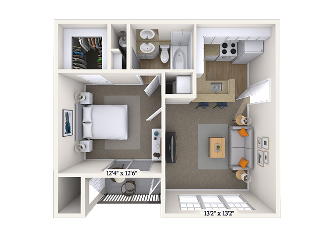 Floor plan for 1 bed, 1 bath, 595 sqft