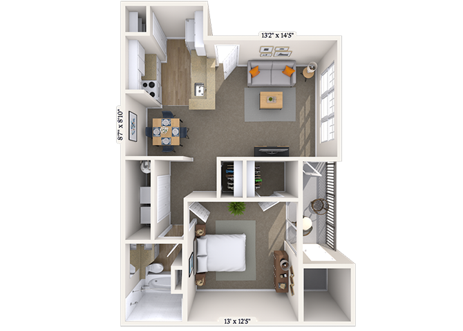 Floor plan for 1 bed, 1 bath, 766 sqft