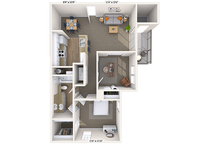 Floor plan for 2 beds, 1 bath, 910 sqft