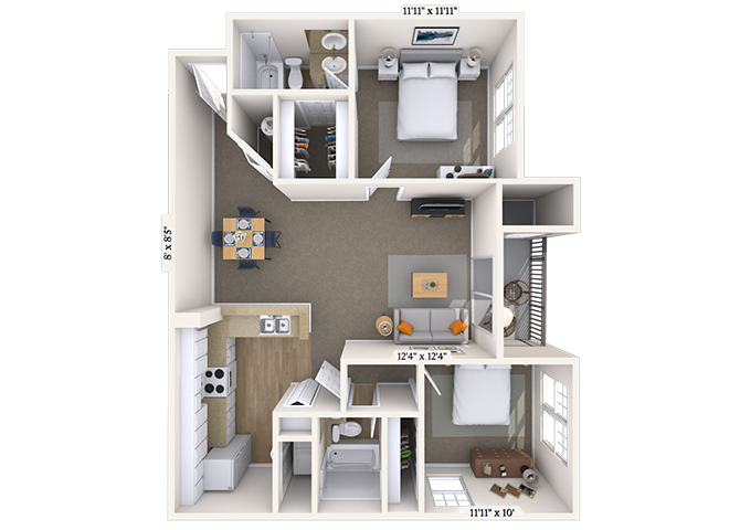 Floor plan for 2 beds, 2 baths, 1020 sqft