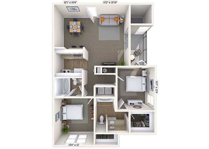 Floor plan for 2 beds, 2 baths, 1138 sqft