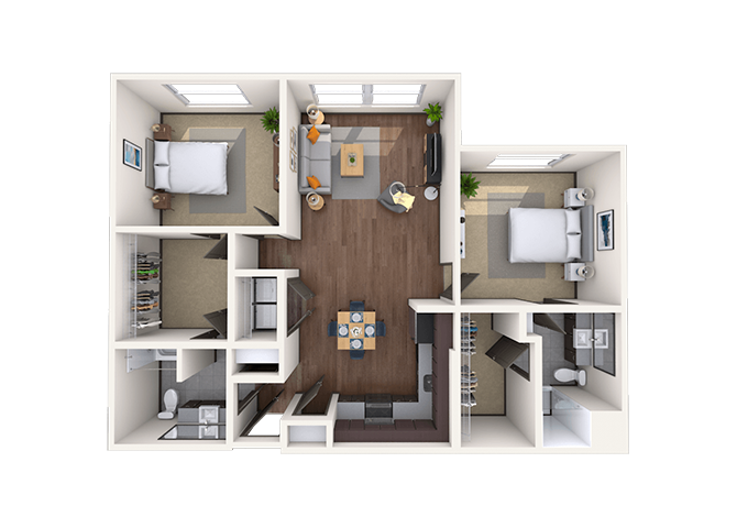 Floor plan for 2 beds, 2 baths, 1156 sqft