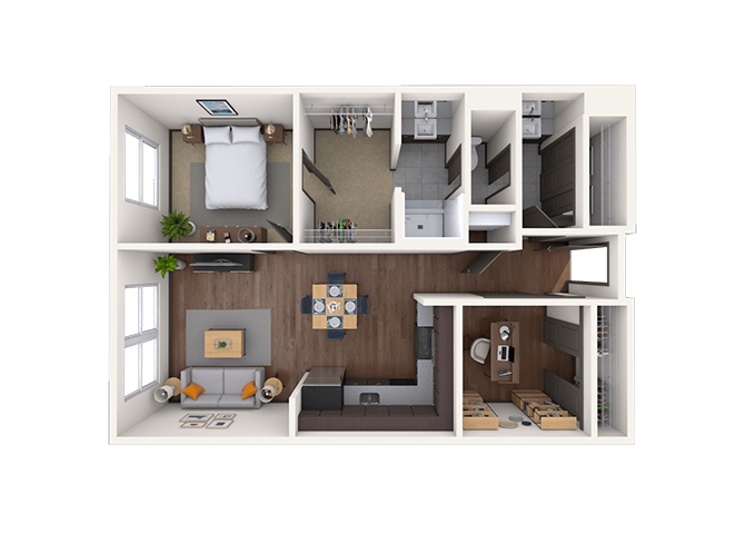 Floor plan for 1 bed, 1 bath, 912 sqft