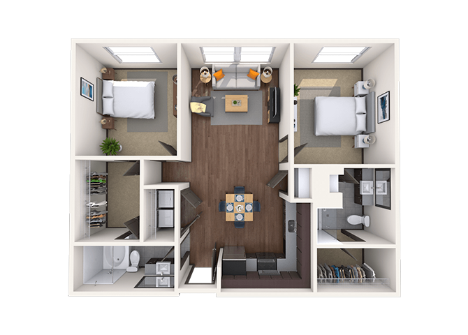 Floor plan for 2 beds, 2 baths, 995 sqft