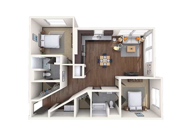 Floor plan for 2 beds, 2 baths, 1156 sqft