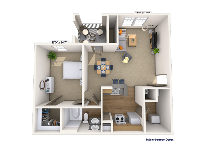 Floor plan for 1 bed, 1 bath, 841 sqft