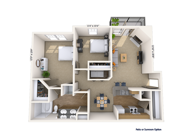 Floor plan for 2 beds, 1 bath, 1108 sqft