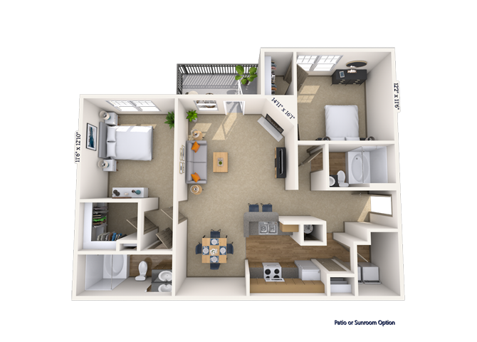 Floor plan for 2 beds, 2 baths, 1173 sqft