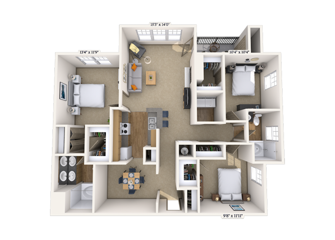 Floor plan for 3 beds, 2 baths, 1386 sqft
