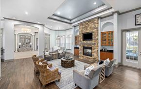 Savannah apartment for rent - A living room with a stone fireplace and a large mirror on the wall.