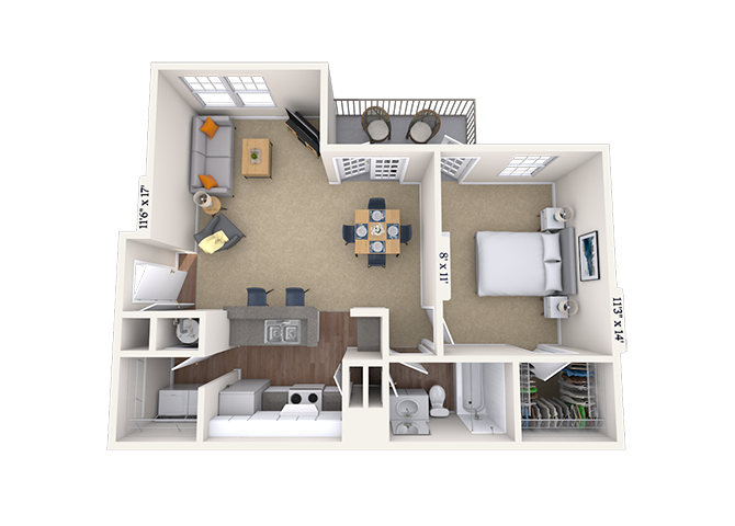 Floor plan for 1 bed, 1 bath, 763 sqft