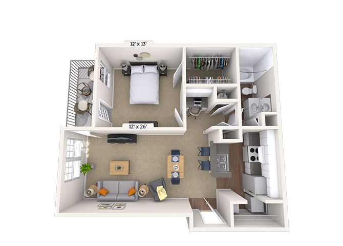 Floor plan for 1 bed, 1 bath, 810 sqft