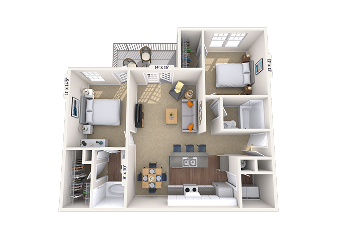 Floor plan for 2 beds, 2 baths, 1205 sqft