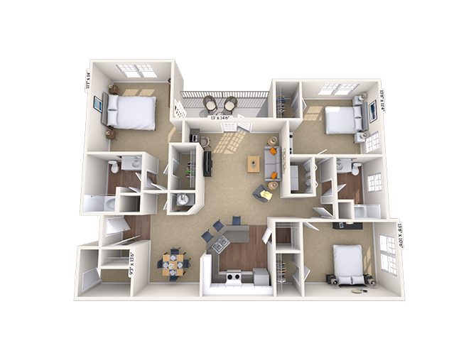 Floor plan for 3 beds, 2 baths, 1348 sqft
