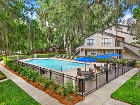Savannah apartment for rent - A house with a pool surrounded by trees.