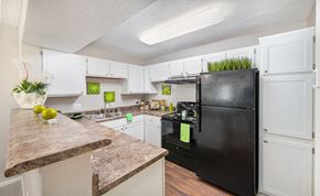 Savannah apartment for rent - a kitchen with white cabinets and a black refrigerator