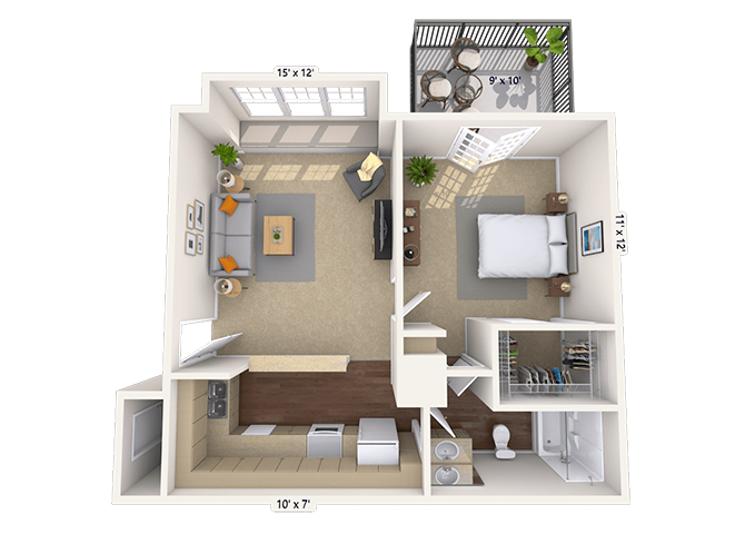 Floor plan for 1 bed, 1 bath, 658 sqft