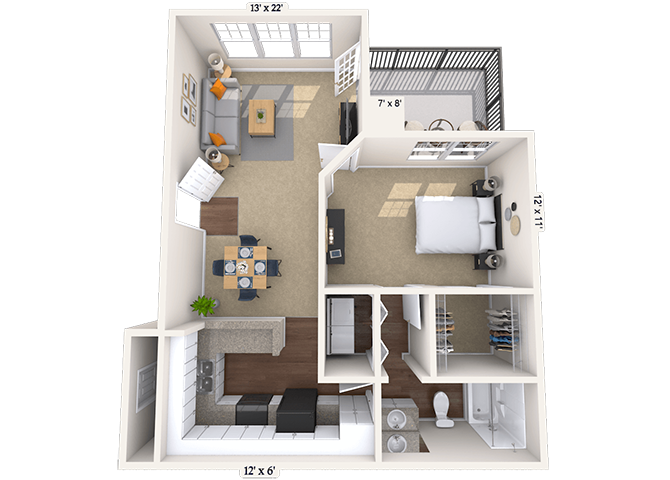 Floor plan for 1 bed, 1 bath, 786 sqft