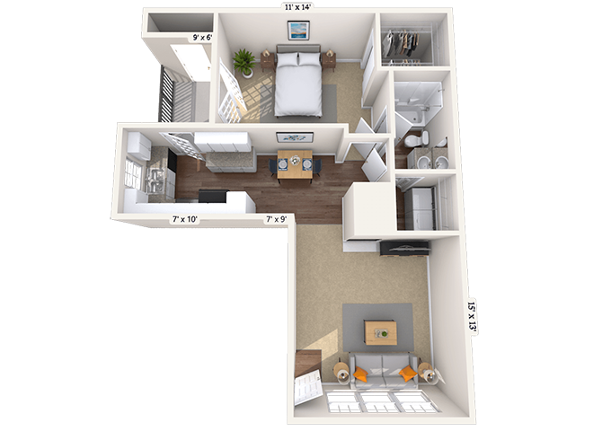 Floor plan for 1 bed, 1 bath, 800 sqft