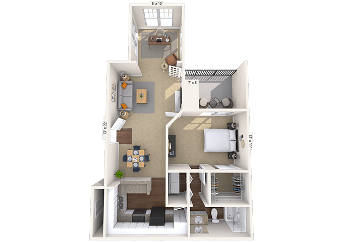 Floor plan for 1 bed, 1 bath, 892 sqft