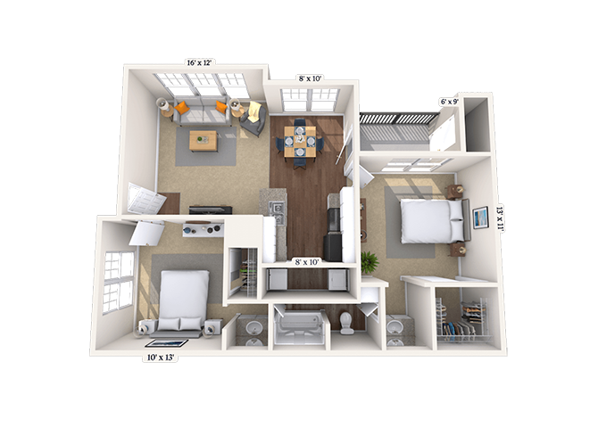 Floor plan for 2 beds, 1 bath, 959 sqft