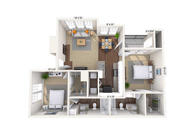 Floor plan for 2 beds, 2 baths, 1052 sqft