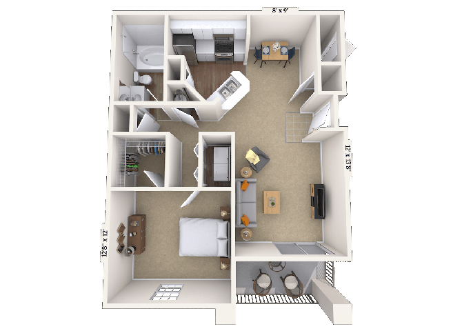 Floor plan for 1 bed, 1 bath, 872 sqft